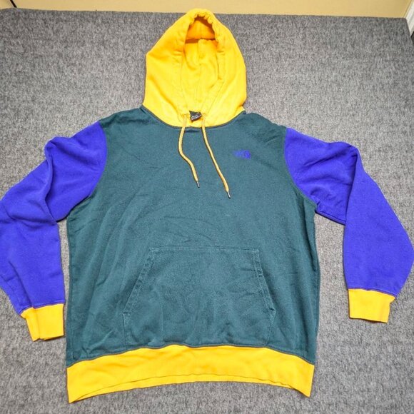 The North Face Men’s XXL Colorblock Hoodie Blue Green Yellow Pullover Sweatshirt - Picture 1 of 8